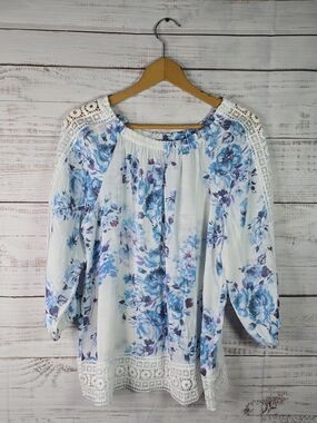 Zac & Rachel Floral Peasant Blouse Crochet Lace Trim Blue White Size M